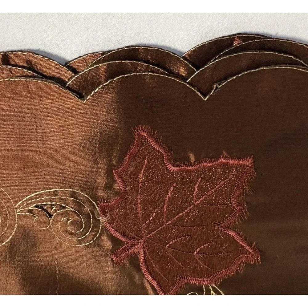 Vtg Bronze Cutwork Fall Leaf Placemats & Napkins w Scalloped Edges Silky Elegant